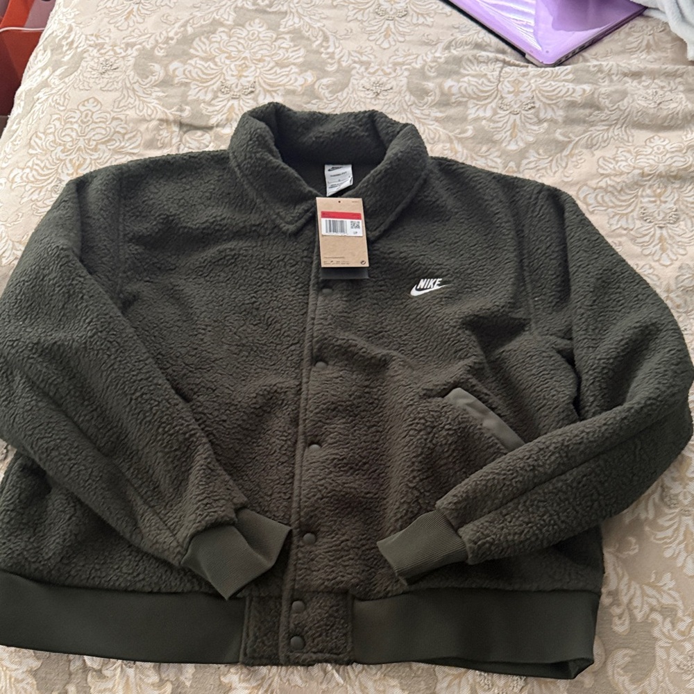 Nike Men's Dark Green Fleece Bomber Jacket - size L